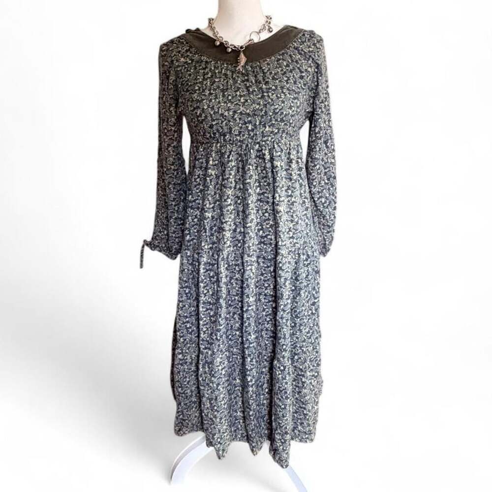 Vintage Floral Prairie Midi Dress Green Blue-Gray Velvet Collar Small Medium